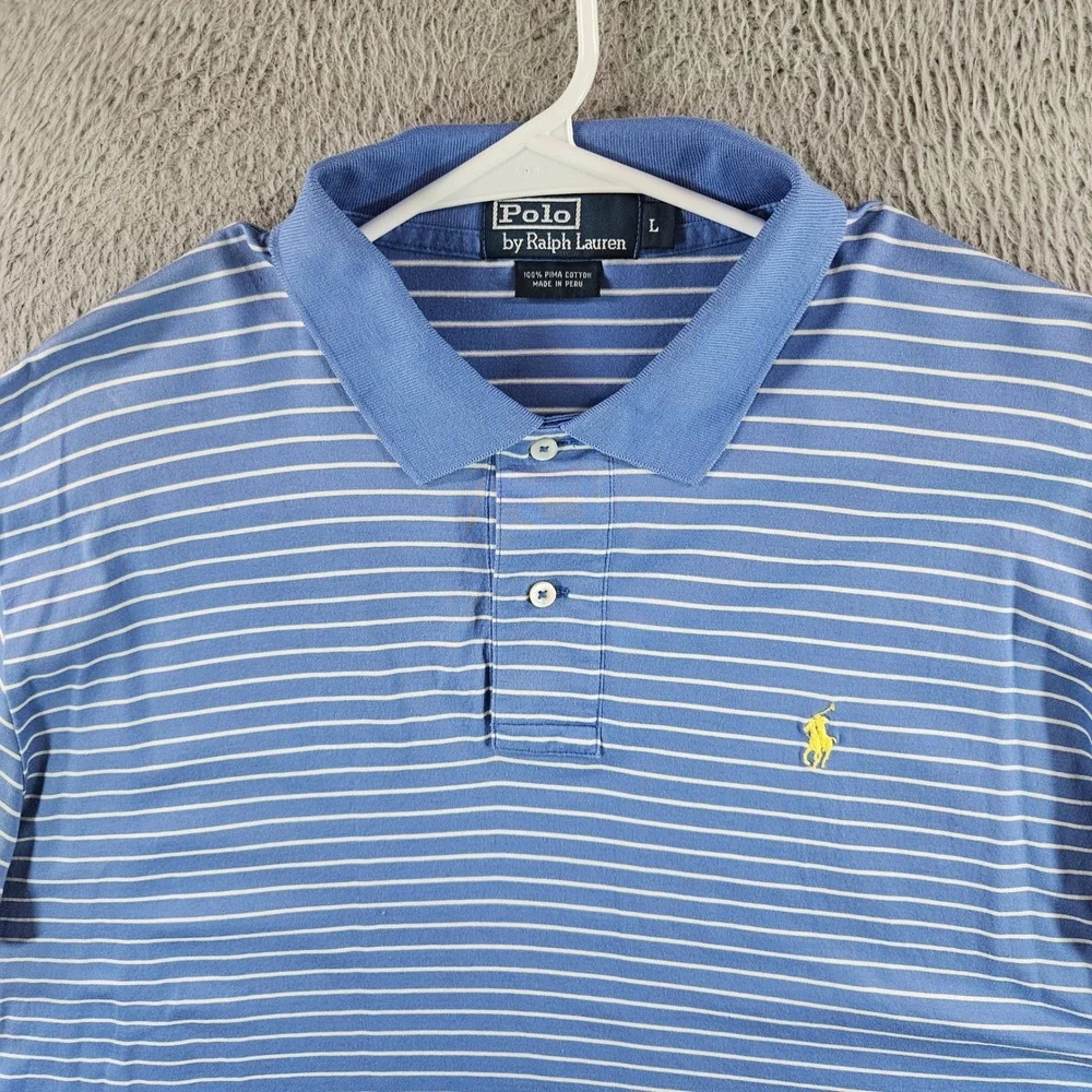 Polo Ralph Lauren Mens Blue White Striped Pima Cotton Polo Shirt Yellow Pony‎ L